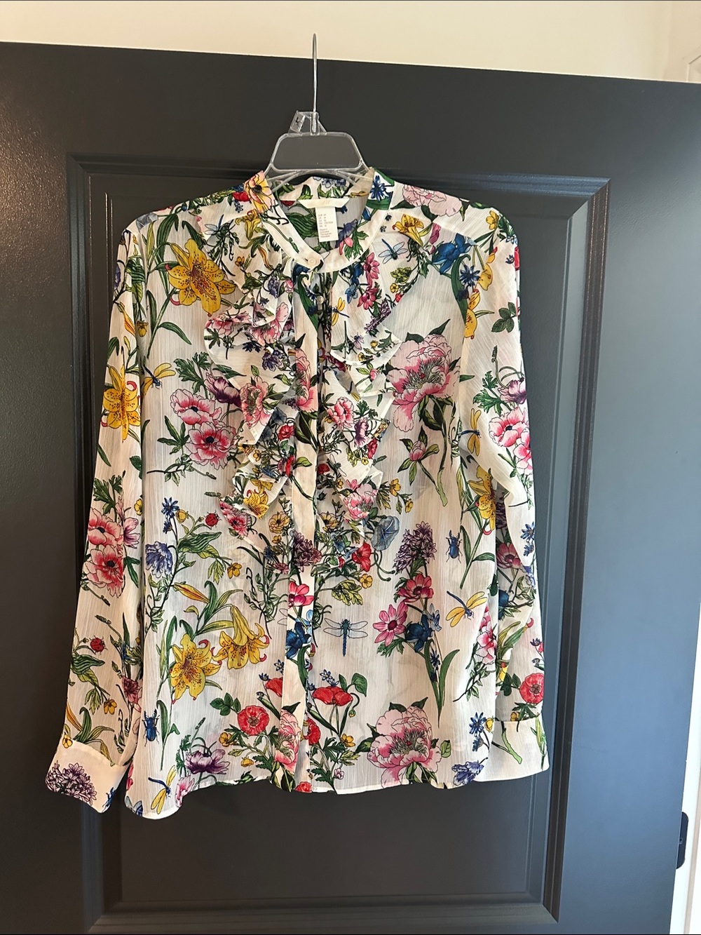 H&M White Multi Floral Tie-Neck Ruffle Blouse